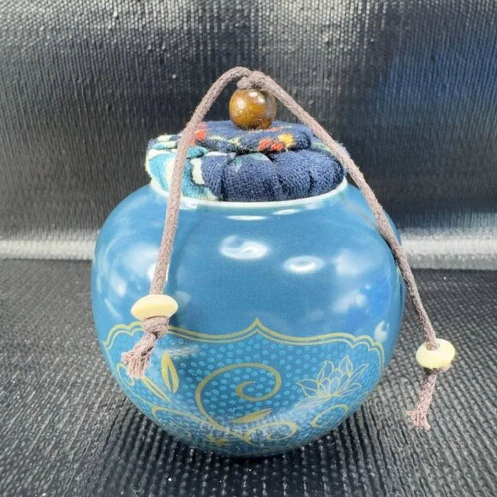 Vintage Asian Ceramic Trinket Box Container With Hand Made Lid Stopper Decor VTG
